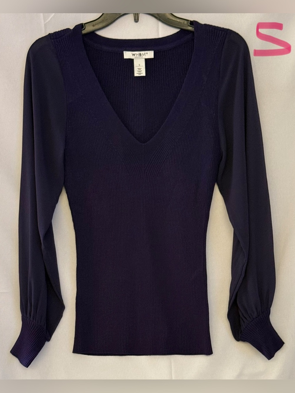 White House Black Market Deep Purple V-Neck Long Sleeve Ribbed Top